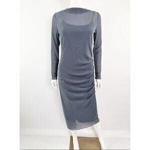 Miou Muse Gunmetal Gray Ruched Midi Slip Dress Long Sleeve Bodycon Sz M Cocktail